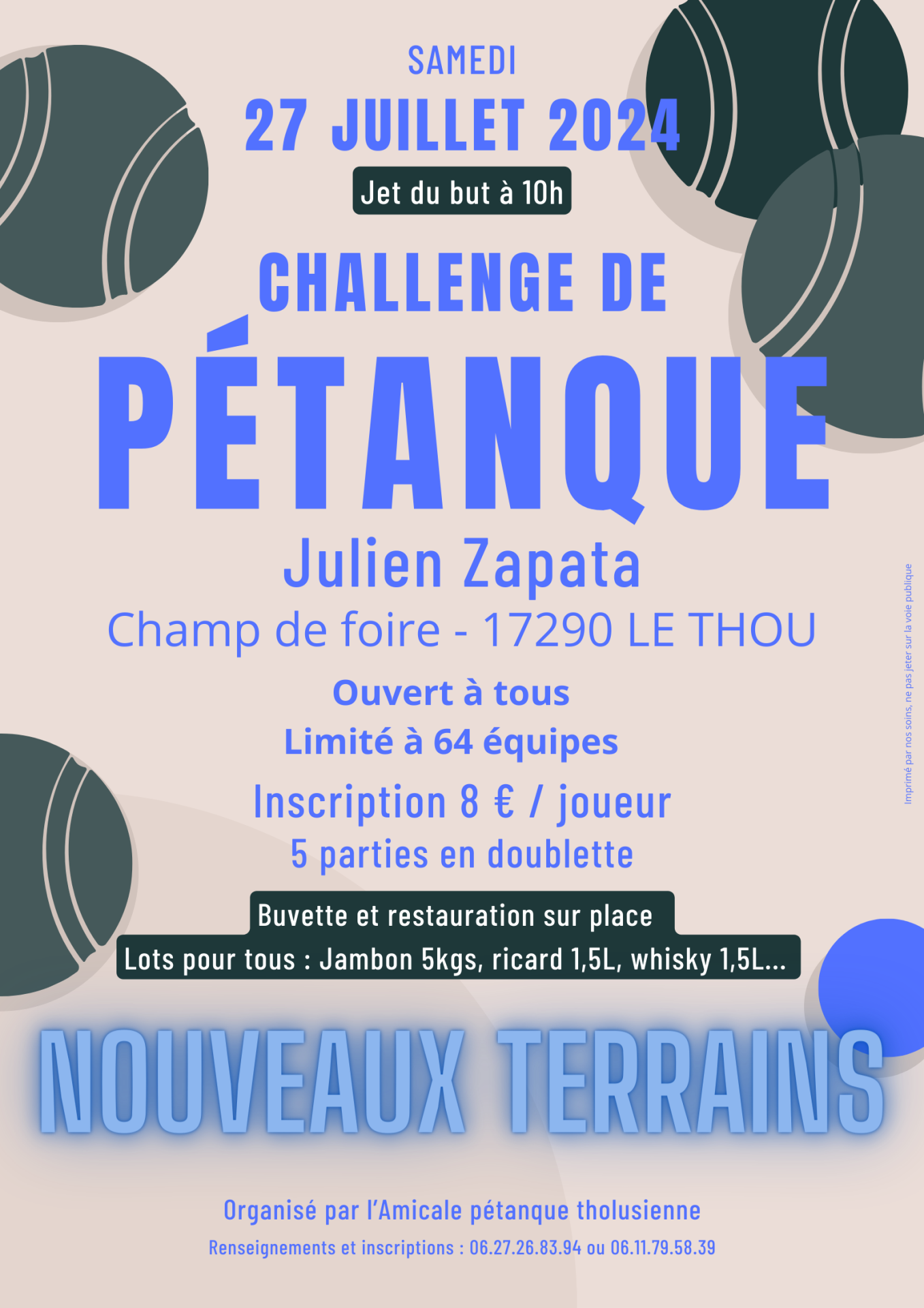 Beige bleu rouge illustratif concours de petanque affiche 2