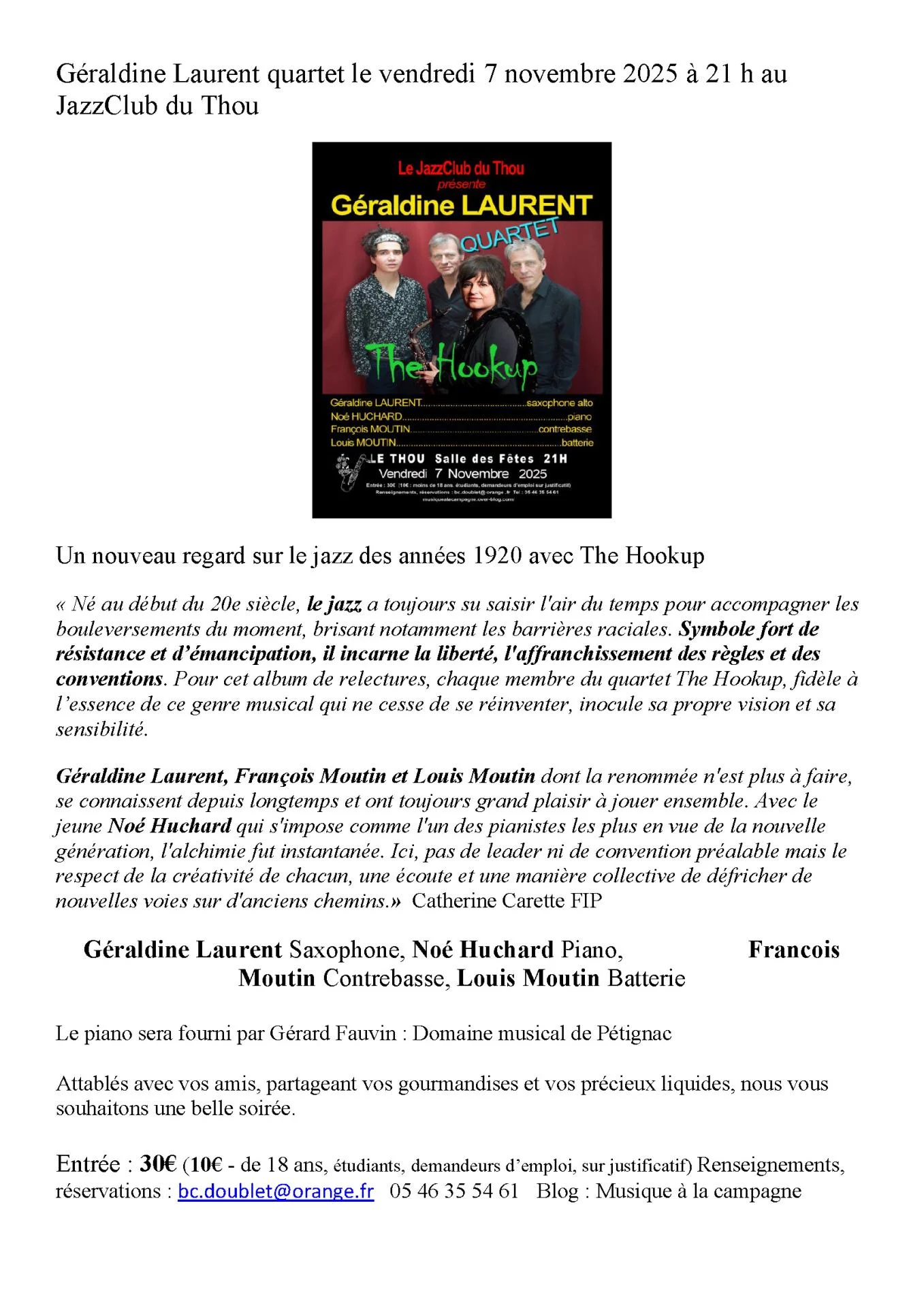 Geraldine laurent quartet le vendredi 7 novembre 2025 a 21 h au jazzclub du thou